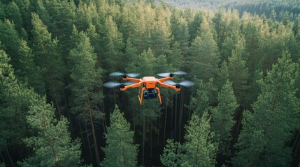 Roboticist developing autonomous drones for search and rescue operations, forest with drones and rescue equipment, Robotics Tech style
