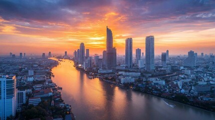 Sunset skyline reflections over river bangkok cityscape photography urban environment aerial view serenity and chaos