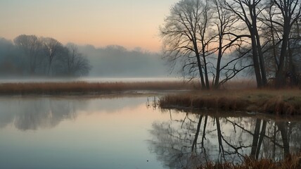 Misty Dawn River Reflection  Tranquil Autumn Landscape