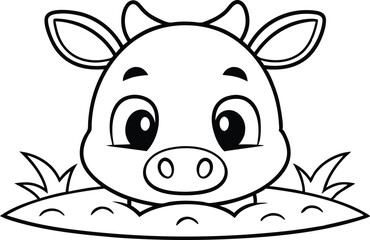 Outlined Adorable Calf with Big Eyes and Horns in Grass, on Transparent Background