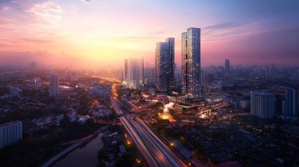 Sunset cityscape urban skyline photography metropolitan environment aerial view modern architecture for seo impact