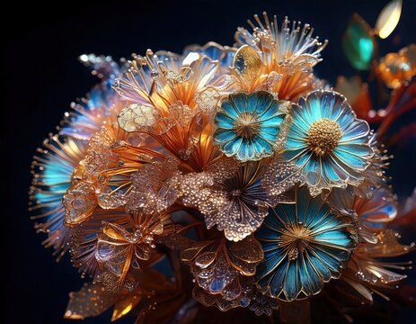 Ornate bouquet of surreal metallic flowers in gold and blue tones, glowing with intricate detail against a dramatic dark background.
