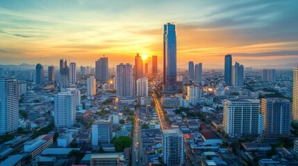 Fototapeta premium Sunset over cityscape urban center aerial view vibrant skyline thailand modern architecture
