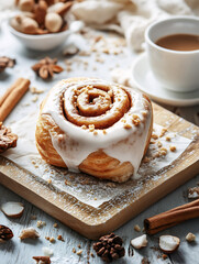 a cinnamon roll with a cup of coffee