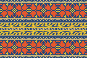 Colorful geometric traditional ethnic pixel art pattern background.Ikat seamless pattern abstract design for fabric print cloth dress carpet curtains and sarong.fabric,batik,Knitwear,Embroidery