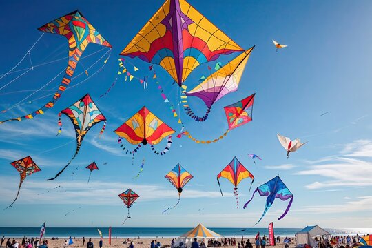 Colorful Kites Flying High at a Sunny Beach Festival
