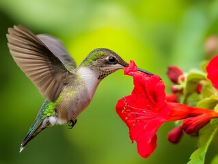 Fototapeta premium 44. A hummingbird drinking nectar from a bright red flower