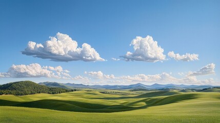 Obraz premium Expansive Green Hills Under Bright Blue Sky with Fluffy Clouds