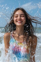 Obraz premium Stunning and hot happy asian young woman in multi-color tight t-shirt enjoying turquoise sea, splashes around her. Happy stress-free retreat getaway idea. Bright Ñommercial style.