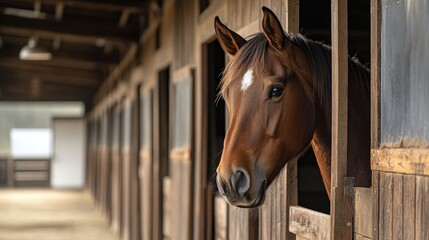 Gentle gaze through a weathered stable door. A brown horse with a white blaze peers out, hinting at a cozy barn interior