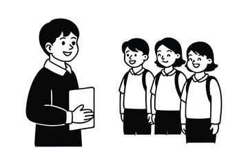 Teacher Giving Papers to Happy Students School Backpacks