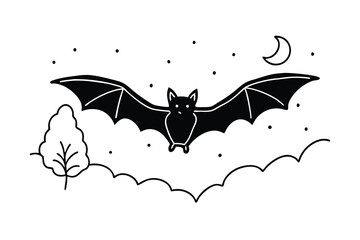 Night Sky Bat Flight Moonlit Clouds, Tree Silhouette