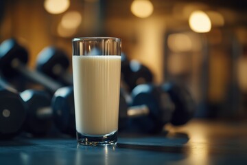 Refreshing Milk in Glass on Gym Table with Dumbbells in Background