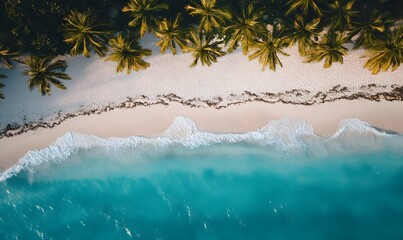 Blue sea with white beach and palm trees. Generative AI