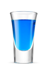 Blue hard liquor alcoholic drink in shot glass isolated. Transparent PNG image.
