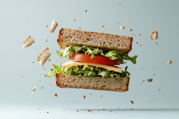 Freshly made sandwich featuring lettuce, tomato, and cheese floating against a light background with bread crumbs scattered around