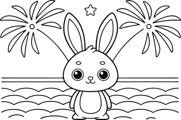 Cute Bunny Outlined with Fireworks and a Star in Transparent Background Style