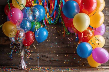 Vibrant Carnival Decorations with Balloons Streamers and Glittering Confetti on Rustic Wooden Table