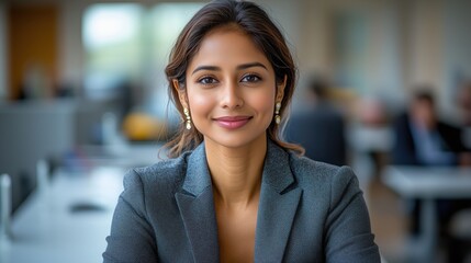Obraz premium Professional woman in a business suit smiles confidently at her desk in a modern office environment during the workday