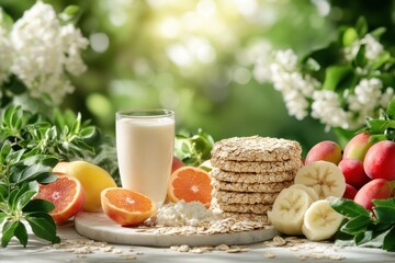 Fresh and Healthy Breakfast with Fruit, Oats, and Smoothies on Table