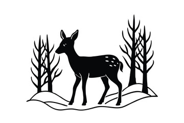 Winter Deer Silhouette Snow, Trees, and Fawn in a Forest