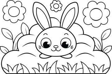 Cute Outlined Rabbit with Flowers and Bush on White Background