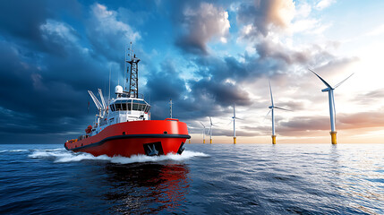 Rescue vessel maneuvering among wind turbines offshore sea nautical photography dynamic environment aerial perspective