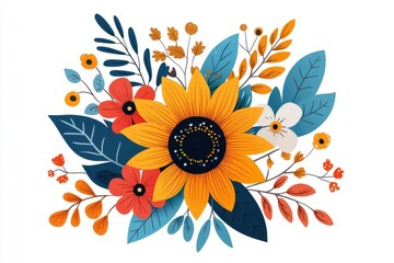 A flat style illustration of a sunflower, isolate on a white background, featuring bold colors and simple lines.
