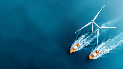 Wind turbines and boats navigating coastal waters renewable energy scene aerial view blue ocean modern environmental concept