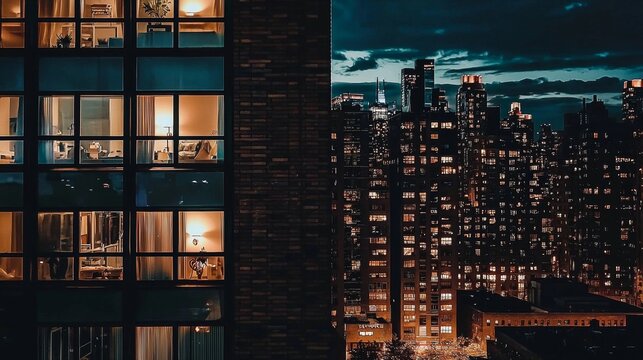 Nighttime cityscape showcasing illuminated windows and blurred lamp lights. 