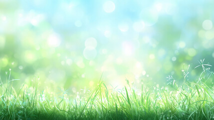 Obraz premium Vibrant green grass under a soft blue sky with blurred light effects in the background during a sunny day in a peaceful park setting Generative AI