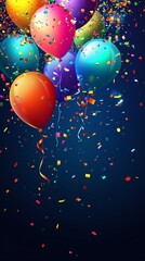 Celebration balloons, confetti and ribbons. Festive background for birthday, anniversary, new year, christmas theme. Generative Ai 