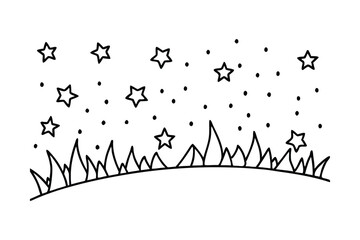 Night Sky Stars Over Grassy Hilltop Simple Line Art Drawing