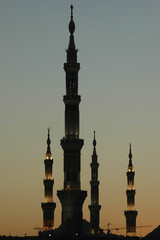 Minarets of the Masjid an-Nabawi Mosque, where the tomb of Prophet Muhammad is located, in Medina, Medina, Saudi Arabia.