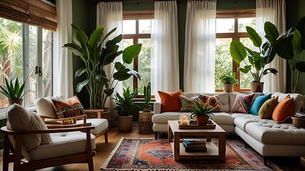 Fototapeta premium Cozy Living Room with Plants and Natural Light Fills Modern Interior