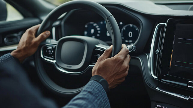 Hands of a customer rest firmly on the steering wheel while interacting with the advanced features of a new vehicle. The sleek dashboard displays essential information clearly.