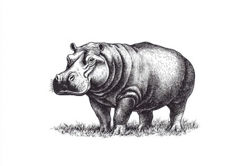 Obraz premium Hippopotamus standing in grass with detailed black and white illustration showcasing its features and textures in a natural setting Generative AI