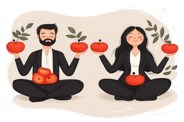 A serene illustration of a man and woman meditating while balancing apples, symbolizing mindfulness and harmony.