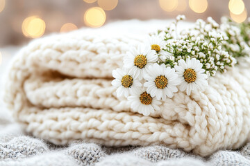 A cozy, knitted blanket adorned with fresh daisies, resting on a textured surface with soft, warm lighting in the background.