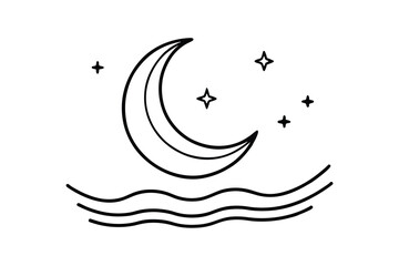 Crescent Moon, Stars, Night Sky, Ocean Waves, Simple Line Art © Uttam
