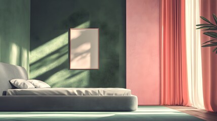 Professional Interior Design of a Green and Pink Bedroom with Gray Bed