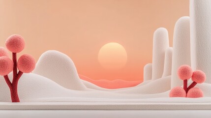 Serene Sunset  Abstract Desert Landscape with Pink Trees