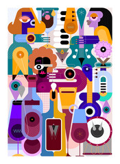 A group of friends are having fun and drinking cocktails. Musicians play music at a cocktail party. Flat style graphic illustration, creative mix of people, cocktails, bottles and musical instruments.
