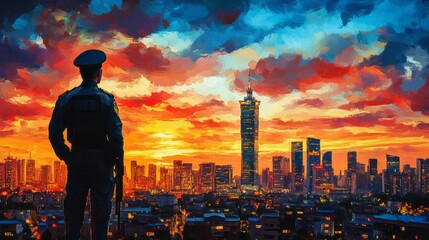 Guard gazes at city skyline during a vibrant sunset