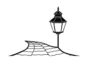 Curving Cobblestone Path Streetlamp Night Design Illustration Graphic