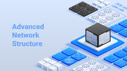 Advanced Network Structure High-tech data center Sophisticated server units and interlinked blocks Modern connectivity and digital architecture Efficient data processing Vector isometric illustration