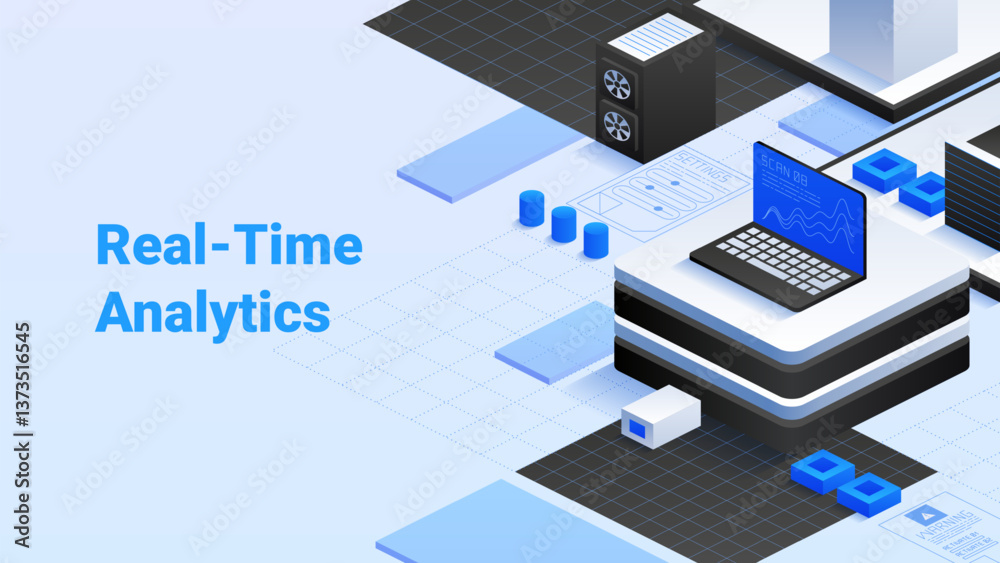Poster real-time analytics. instant data tracking. continuous performance insights. high-tech data center. 