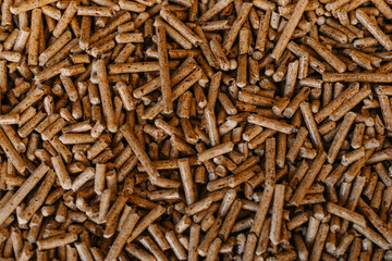 A close-up of wood pellets used as biofuel. The natural texture and warm brown tones create an eco-friendly and organic look. A great choice for illustrating topics related to renewable energy, heatin