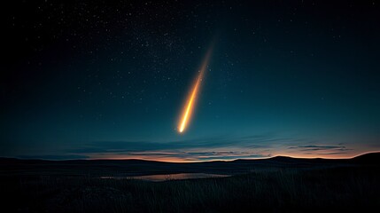 Dramatic Comet Streaking Across Night Sky Over Prairie Landscape