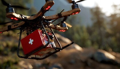 In a remote, mountainous landscape under a clear sky, a cutting-edge medical drone gracefully delivers life-saving vaccines to a secluded rural community, embodying the future of accessible